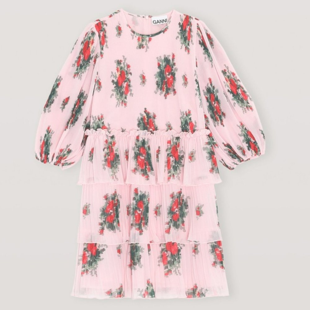 GANNI Pleated Georgette Mini Chiffon Dress Cherry Blossom Size EU34 Fit likeUS2